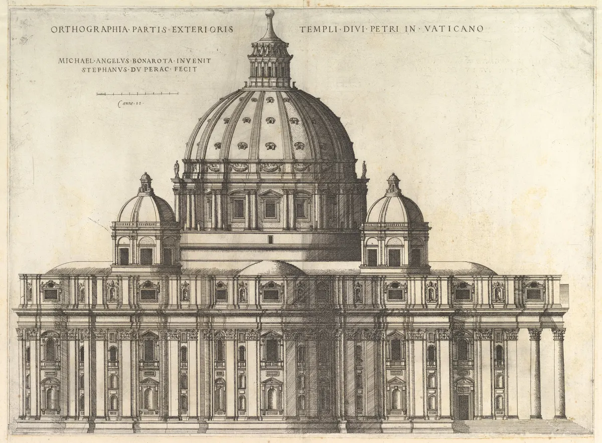 Estampe du projet de Michel-Ange pour Saint-Pierre, avec coupole centrale, façades et inscriptions sur la feuille entière.