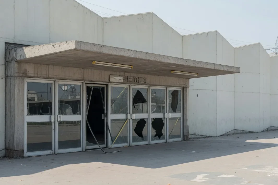 Entrada de estação sob uma marquise de concreto, com painéis em zigue-zague, vidros quebrados nas portas e um largo de lajotas claras.