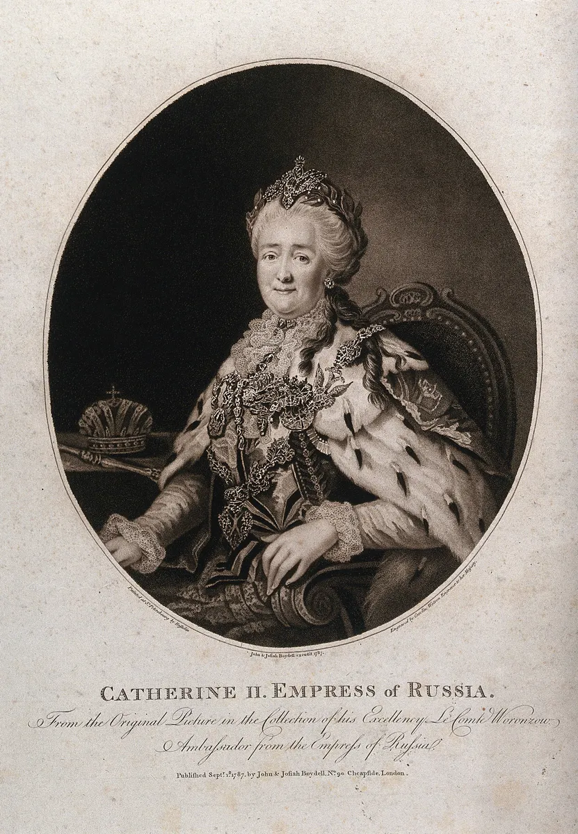Estampa oval de Catarina II sentada, com manto, joias, coroa à esquerda e inscrições de autoria e publicação abaixo.
