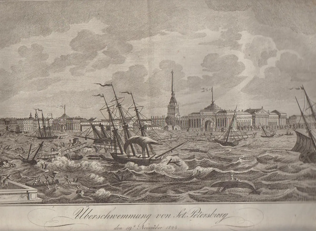 Estampa com barcos e figuras entre águas de inundação, edifícios e torre ao fundo, bandeiras à esquerda e título em alemão abaixo.