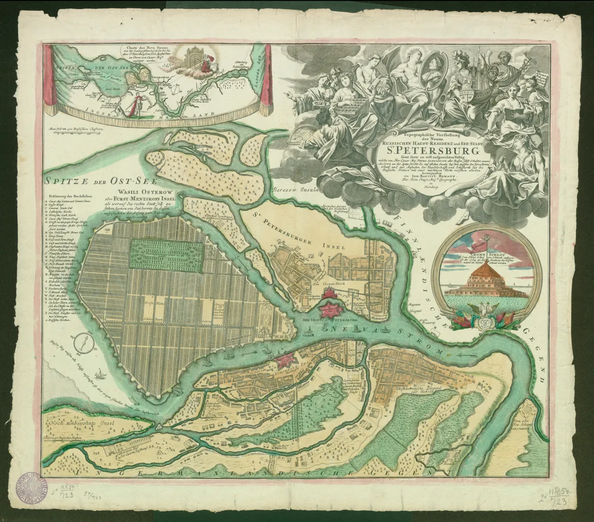 Mapa colorido com ruas e ilhas da cidade, rio Neva, legenda à esquerda, mapa regional acima e cartela de título à direita.