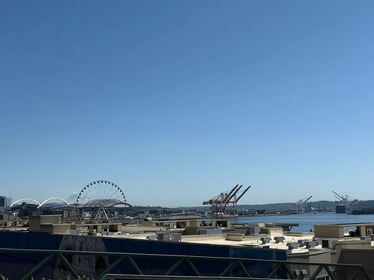 Roda-gigante, telhado do estádio e guindastes sobre a água, com o céu azul no meio.