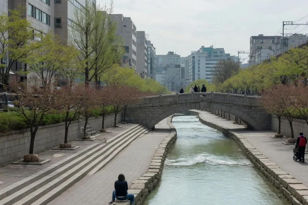 Canal de pedra a céu aberto, com água, árvores e uma ponte de pedestres.