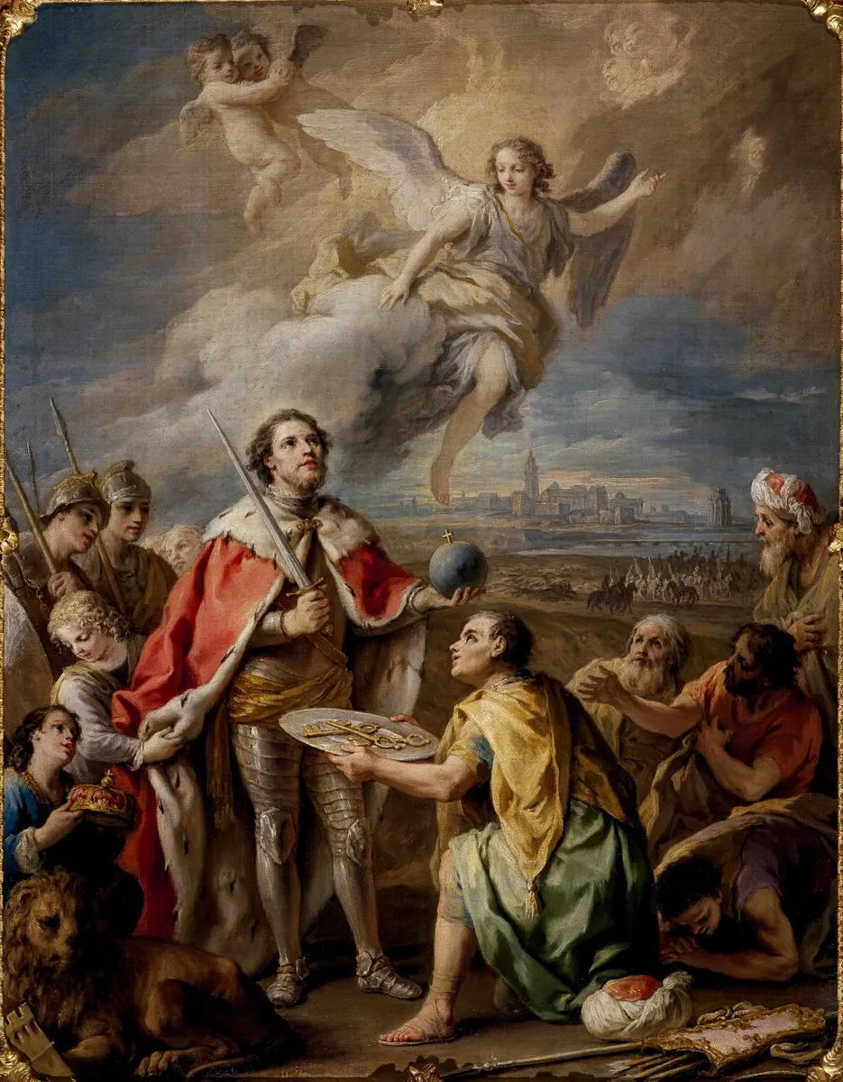 Pintura com Fernando III recebendo chaves, figuras ajoelhadas, anjos, bandeiras e a cidade ao fundo.