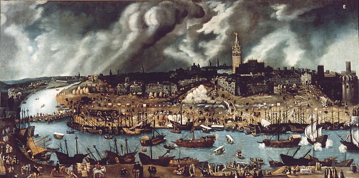 Vista pintada de Sevilha com barcos no Guadalquivir, construções nas duas margens, ponte de barcas e Giralda ao fundo.