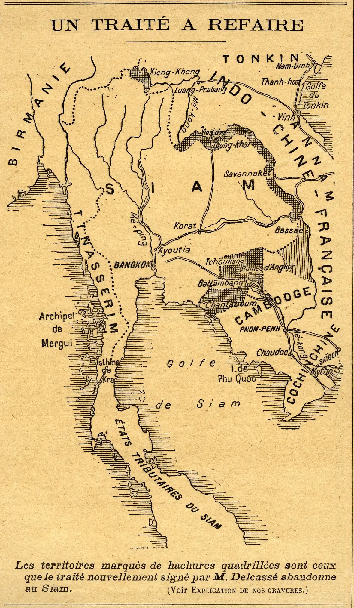 Um mapa de jornal com o Sião no centro e os nomes Angkor, Battambang e Cambodge.