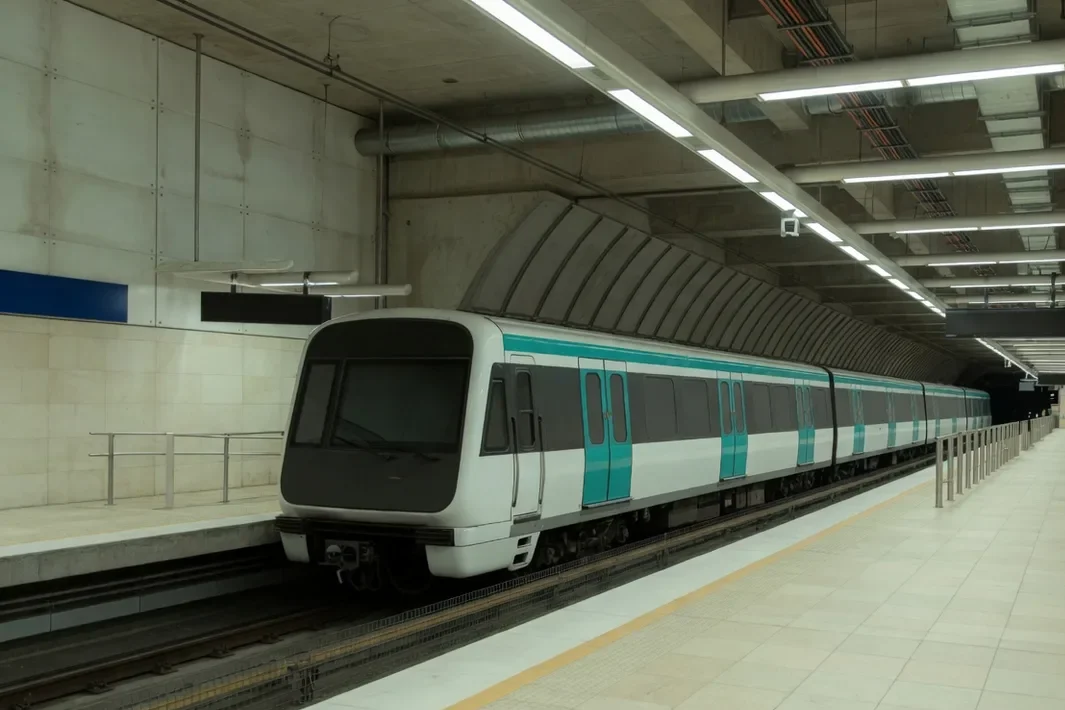 Trem branco e verde-azulado parado numa plataforma vazia.