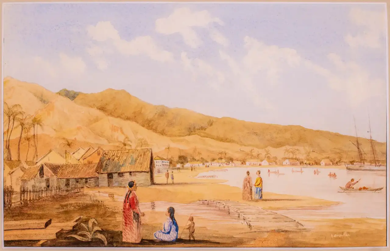 Aquarela da orla de Papeete com casas de palha, coqueiros e morros ao fundo, pessoas na praia, canoas na baía e um veleiro ancorado à direita.