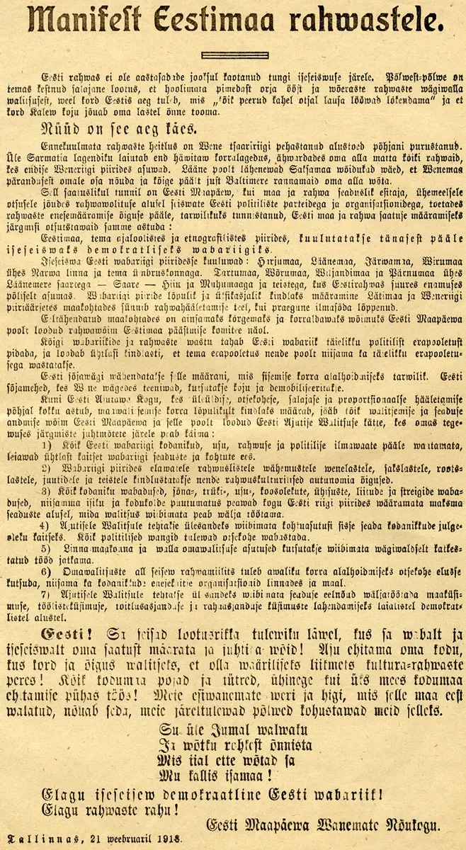Folha vertical com título em letras grandes, texto em estoniano em blocos e itens numerados, data de 21 de fevereiro de 1918 e nome do conselho na parte inferior.