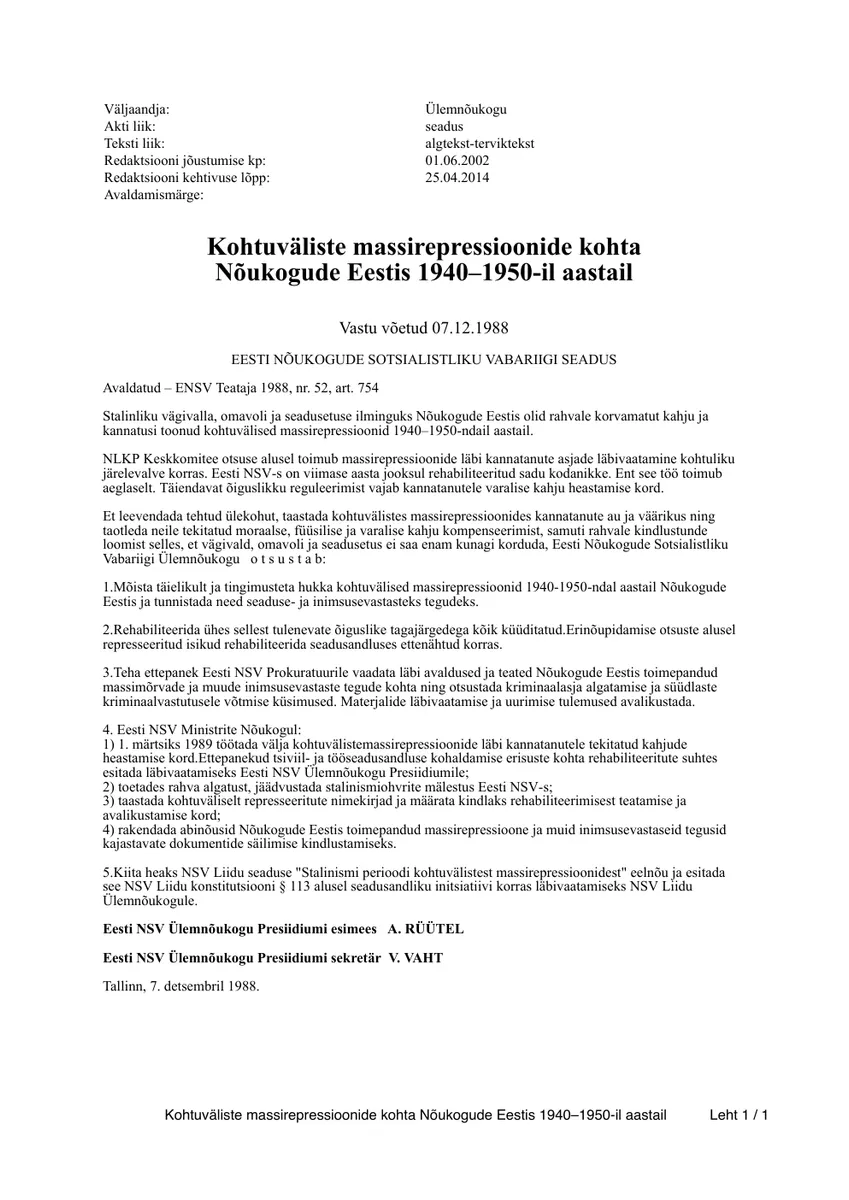 Página oficial em estoniano com título sobre as repressões de 1940–1950, data de adoção, cinco disposições numeradas e nomes dos dirigentes ao fim.