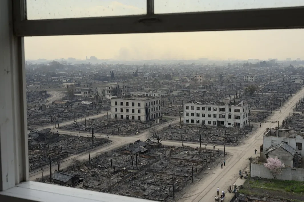 Vista elevada de quarteirões destruídos por incêndios e edifícios remanescentes.