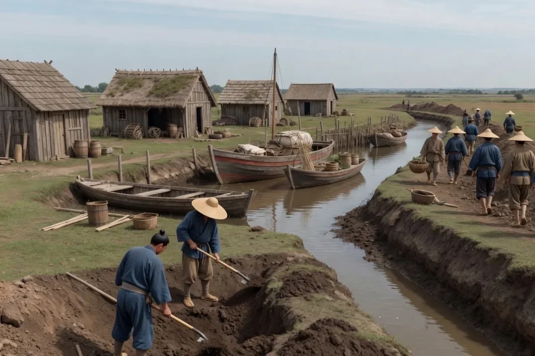 Trabalhadores escavam um canal perto de casas e barcos de madeira.