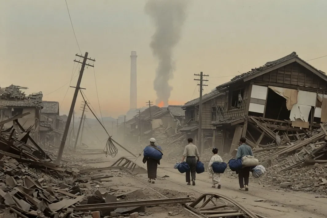 Edifícios danificados, trilhos e pessoas entre escombros após o terremoto.