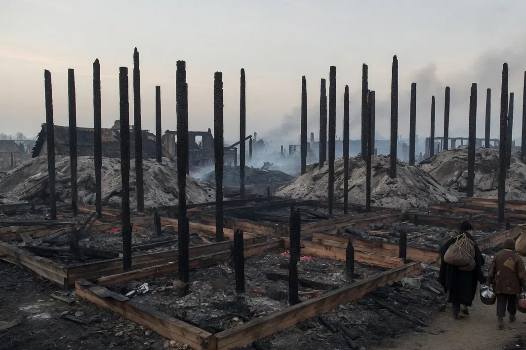 Madeiras queimadas e fumaça após um incêndio na cidade de Edo.