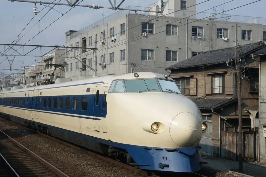 Um Shinkansen Série 0 branco e azul nos trilhos.