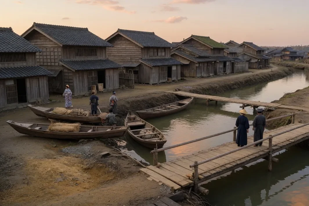 Casas de madeira, um fosso, pontes de tábua e barcos na cidade de Edo.