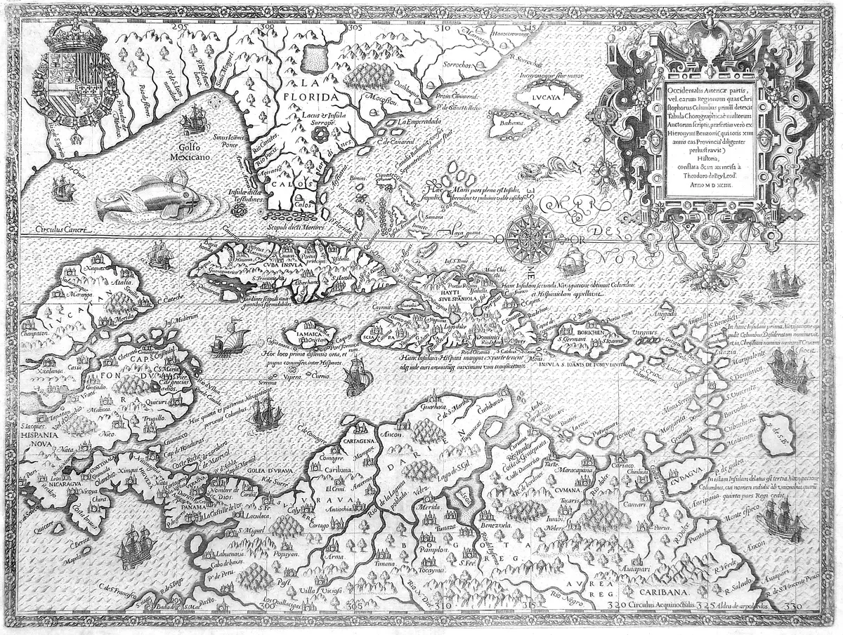 Mapa antigo do Caribe, com Yucatán, ilhas, navios e cartelas ornamentadas.