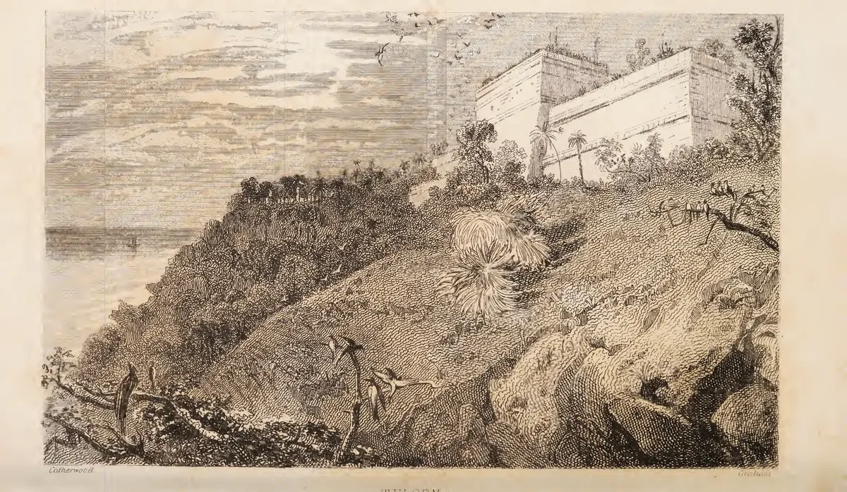Gravura de El Castillo de Tulum visto de trás, sobre a falésia, com vegetação e mar.