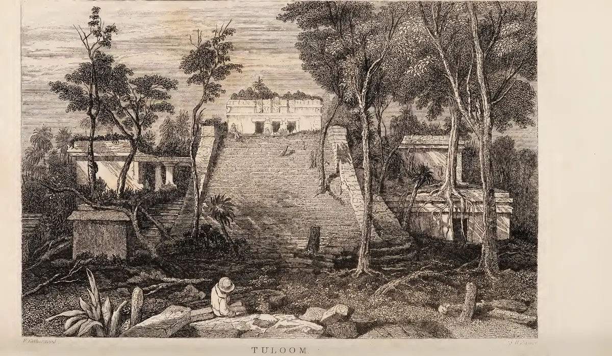 Gravura com a escadaria e o templo de El Castillo em Tulum, cercados de vegetação e figuras desenhadas.