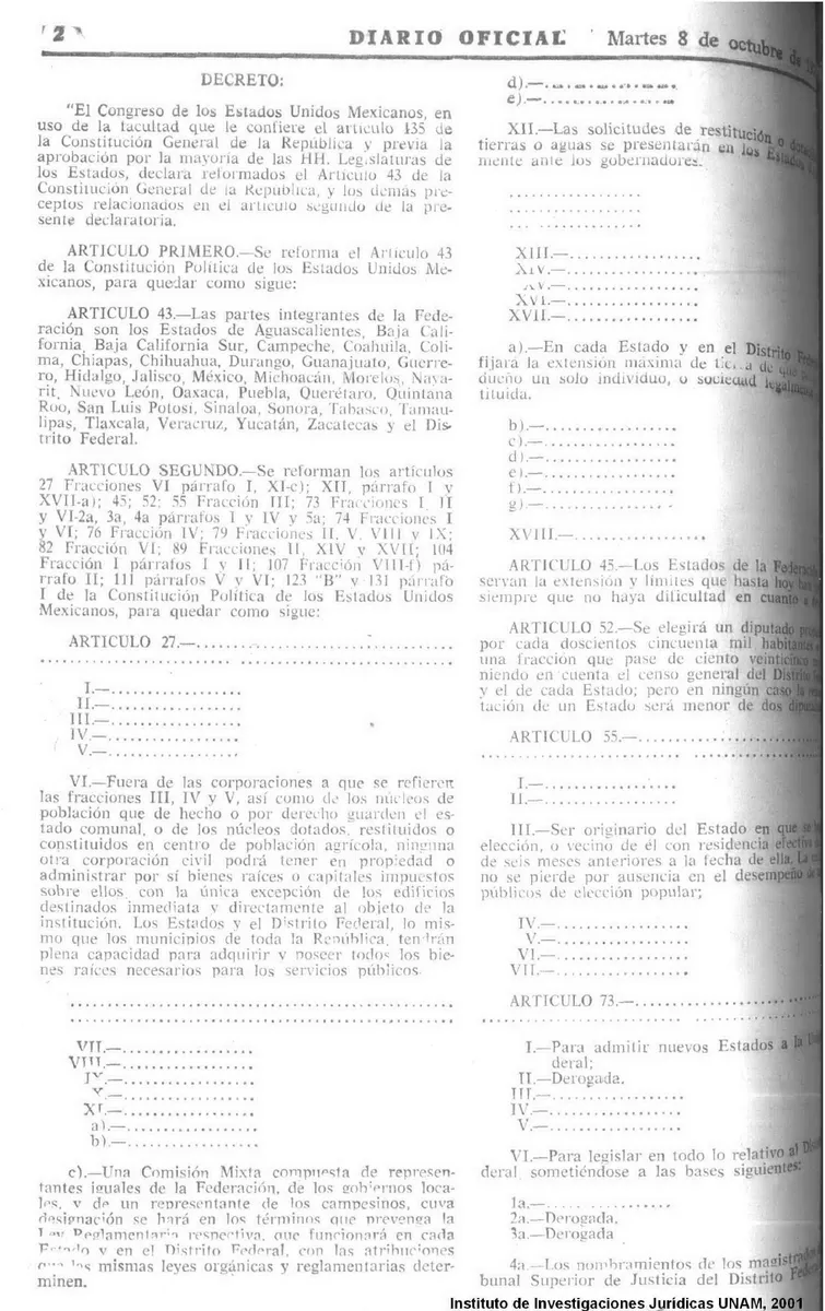 Página do Diario Oficial com decreto e artigo 43, incluindo Quintana Roo na lista dos estados mexicanos.