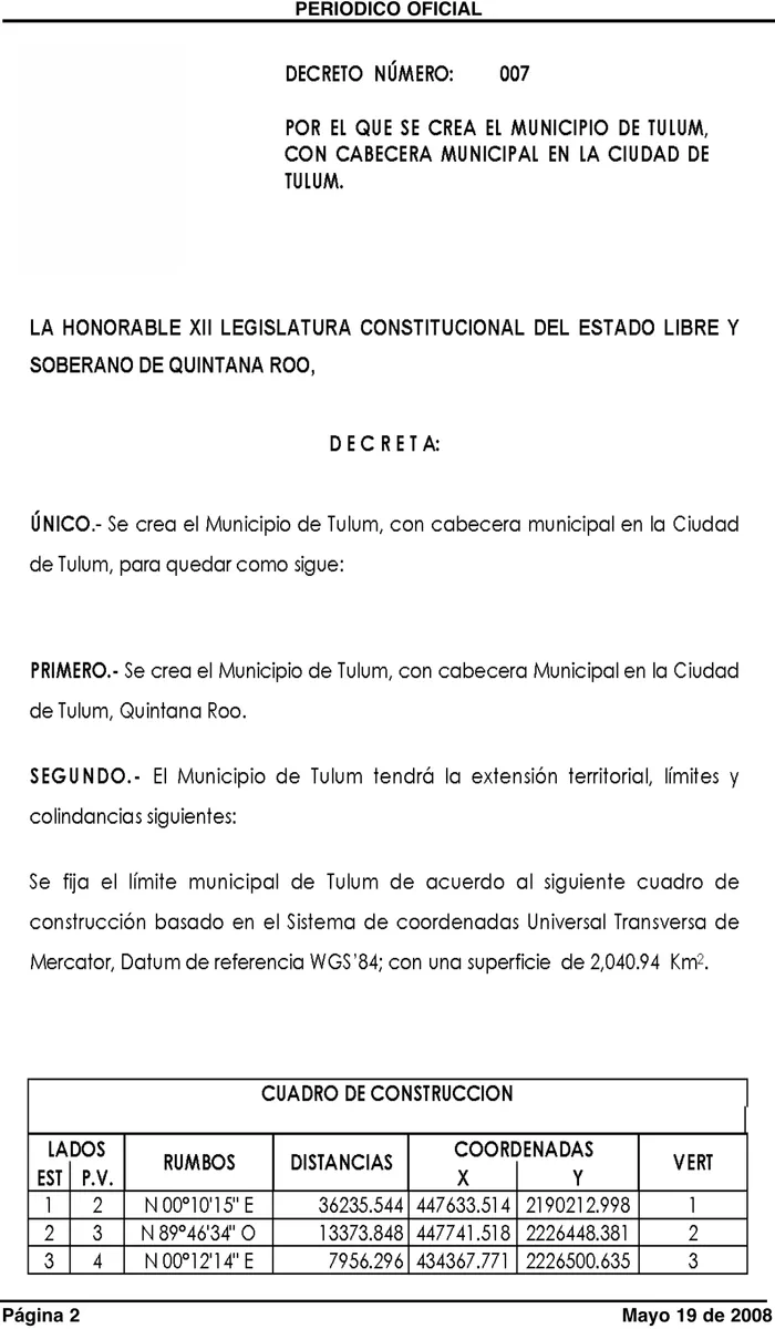 Página oficial com o decreto 007 de criação do município de Tulum e o início da tabela de coordenadas territoriais.
