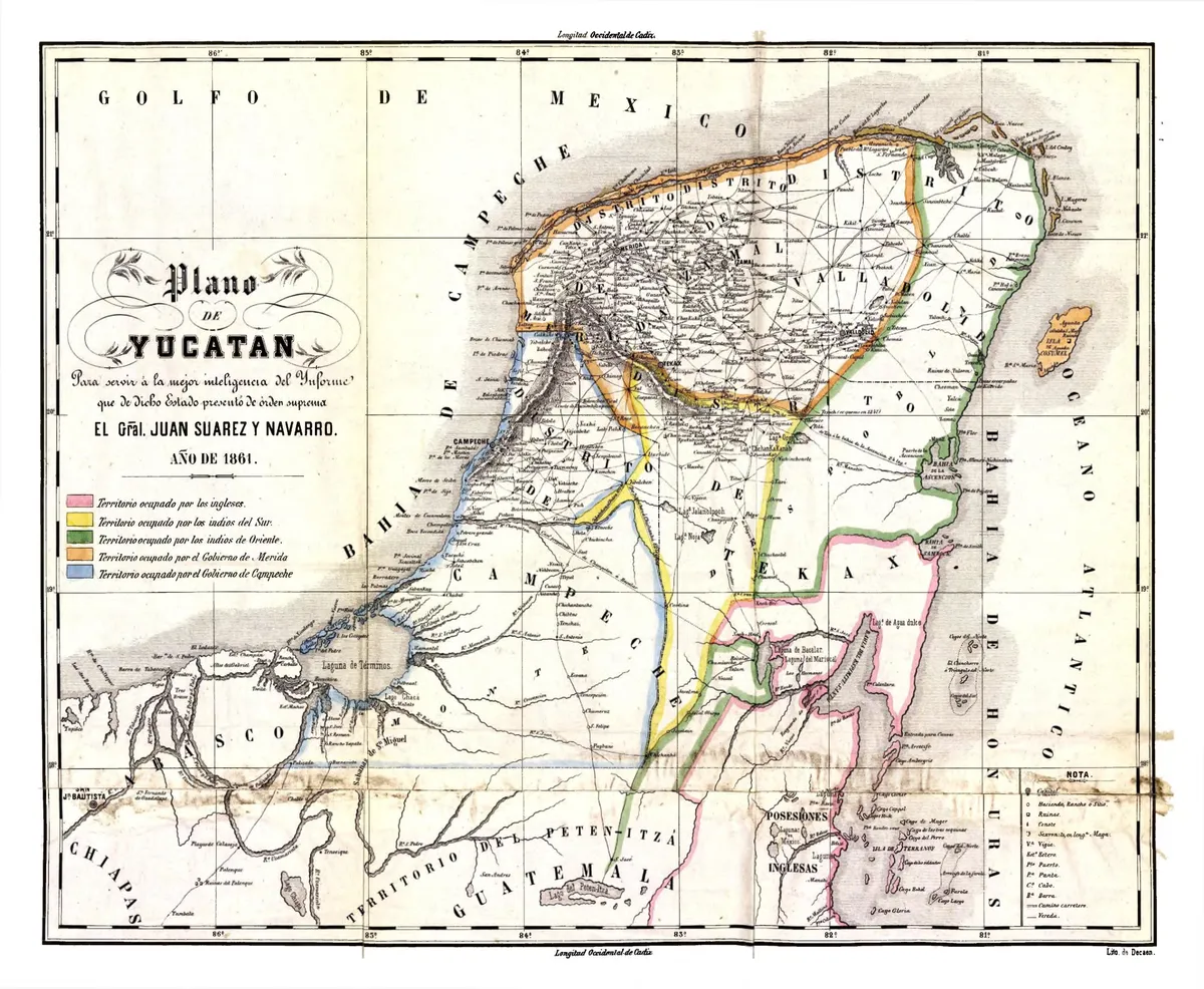 Mapa de Yucatán de 1861 com uma legenda de territórios, caminhos e a indicação das ruínas de Tulum na costa oriental.