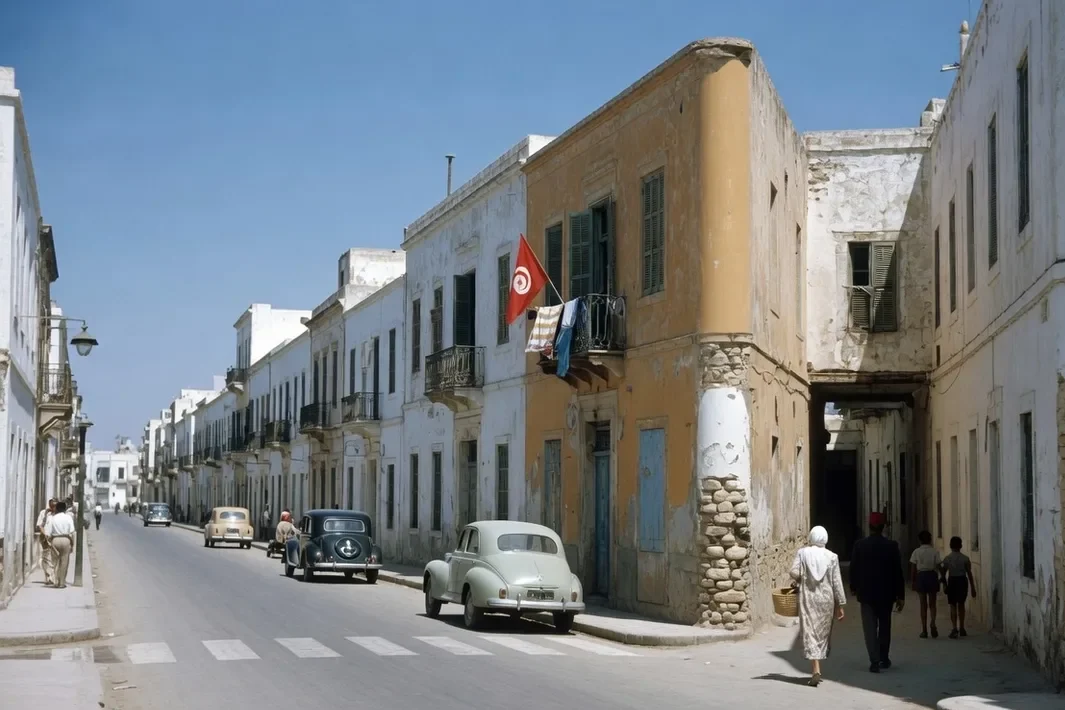Avenida de edificios blancos y ocres, un callejón de la medina y una bandera roja pequeña en un balcón.