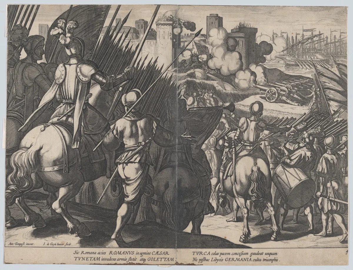 Cavaleiros e lanceiros diante de uma fortaleza à beira da água, com navios ao fundo.