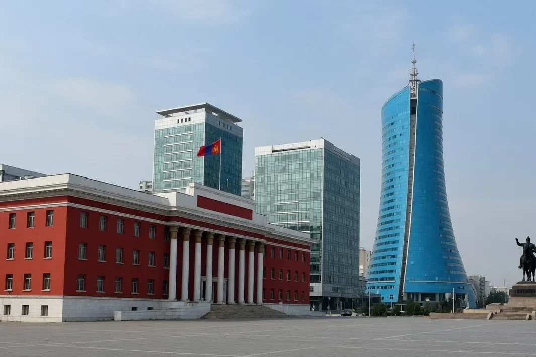 Praça larga e pavimentada, prédio vermelho com colunas, torres de vidro e um monumento equestre.