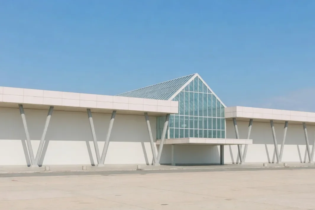 Terminal baixo e largo, com frontão de vidro, colunas em V e pátio vazio.