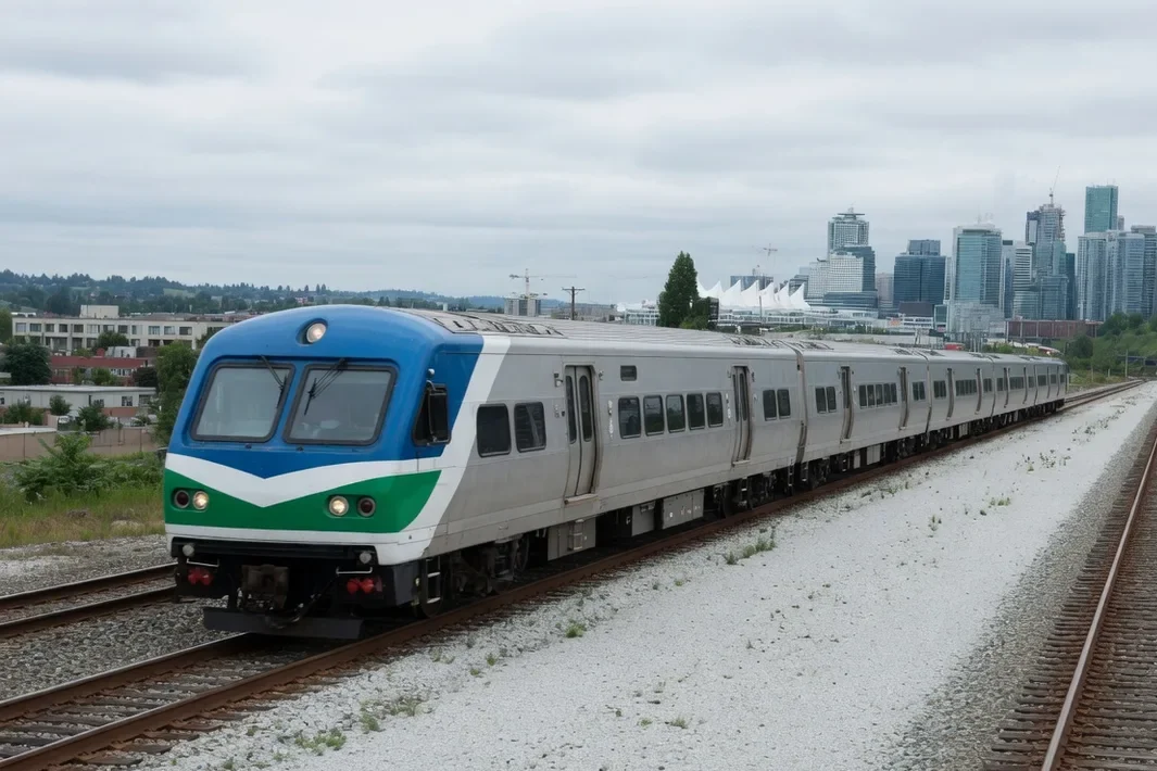 Trem prateado à direita, com o nariz azul, verde e branco sobre cascalho claro.