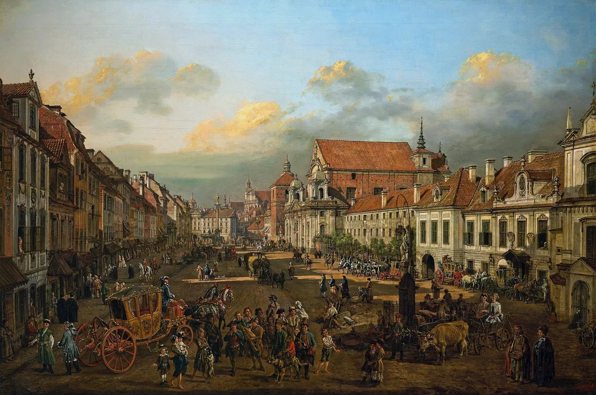 Pintura de uma rua ampla com palácios, igrejas, edifícios, carruagens, pessoas e a Coluna de Sigismundo ao fundo.