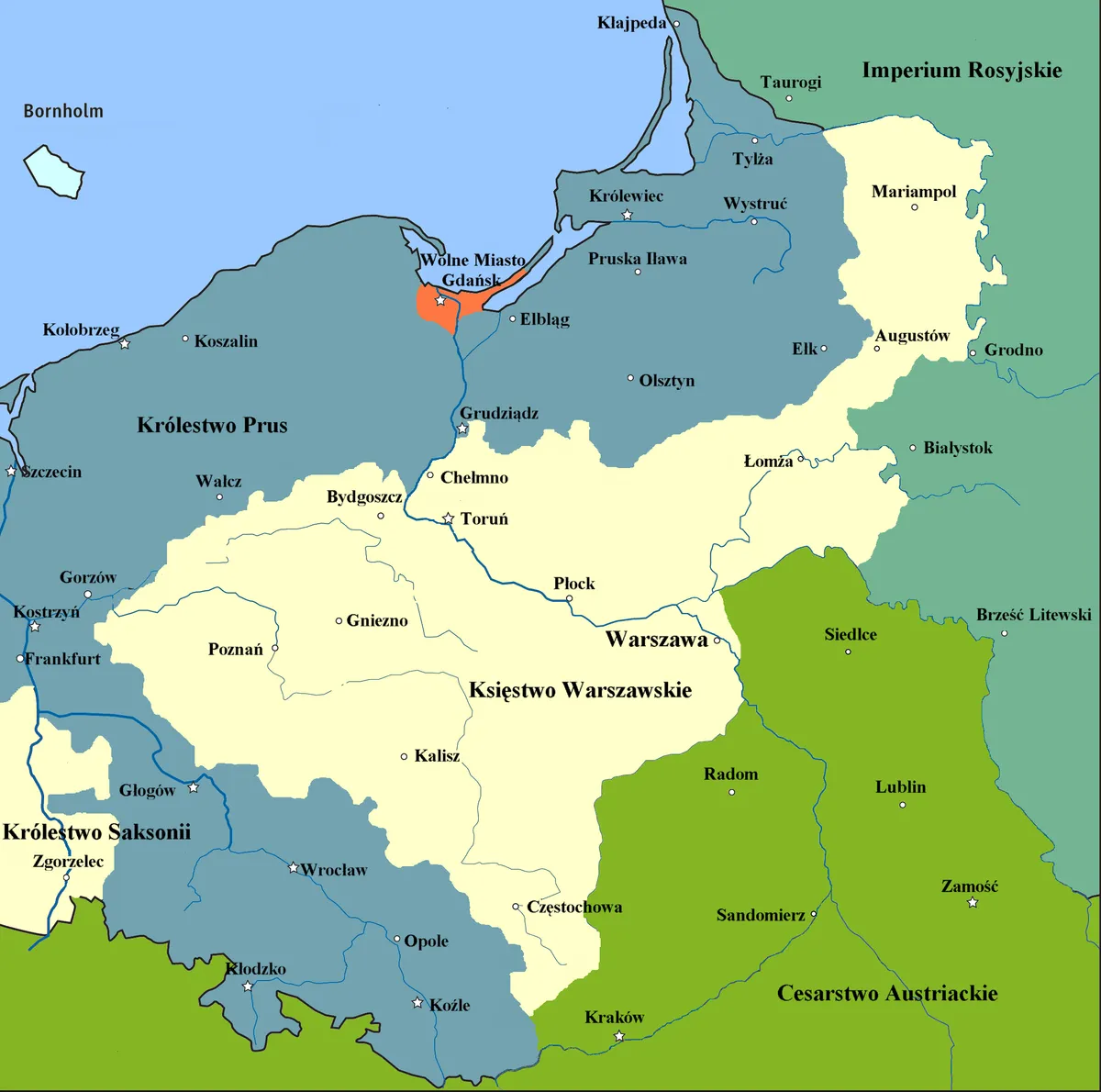 Mapa colorido com o Ducado de Varsóvia, fronteiras, rios, nomes de cidades e territórios vizinhos.
