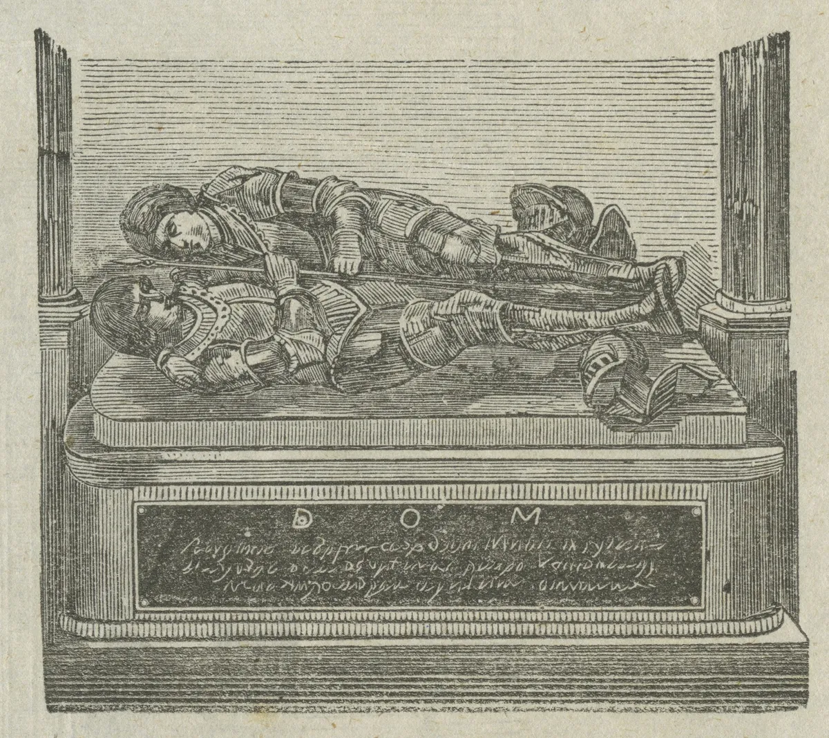 Xilogravura de um monumento com duas figuras de armadura deitadas, duas colunas laterais, espadas e inscrição na base.