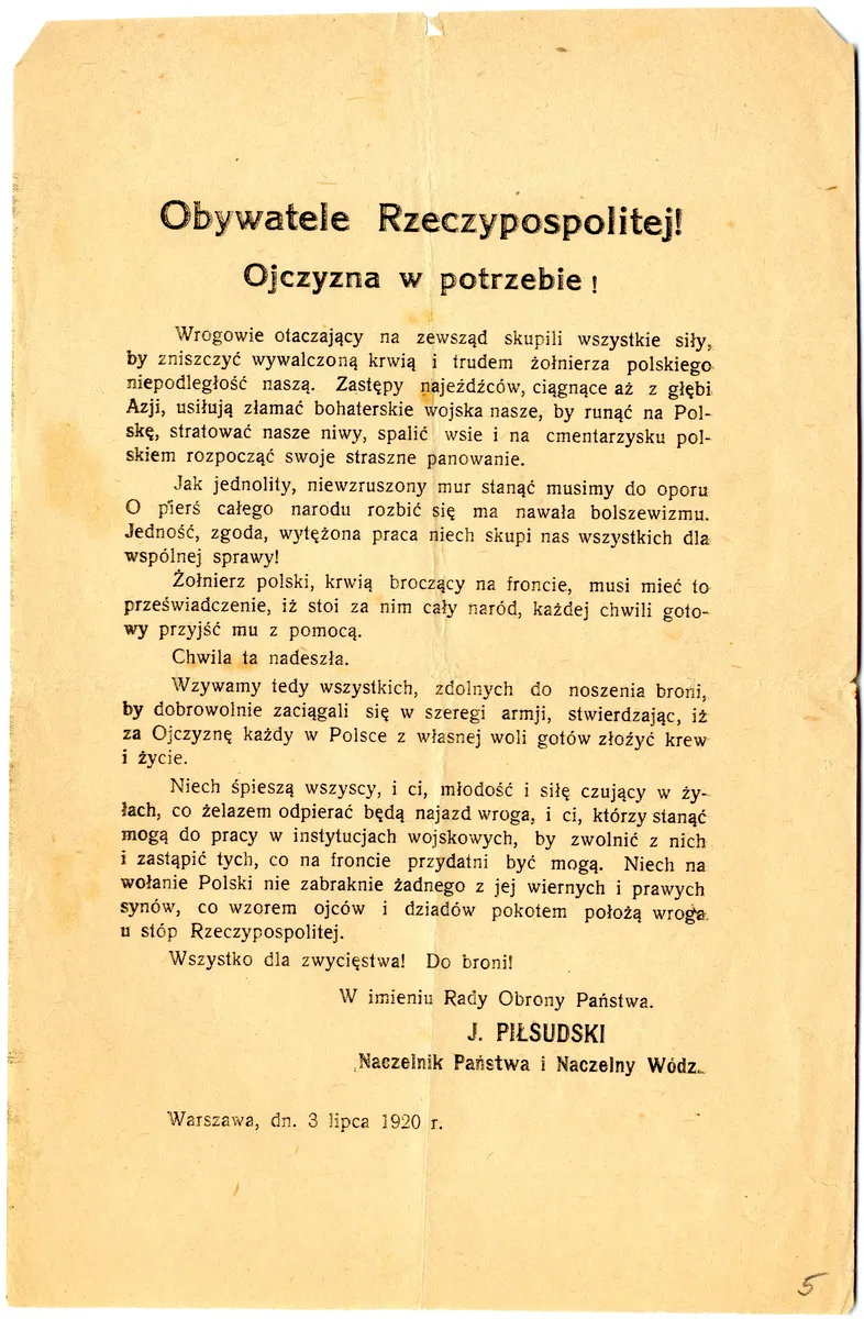 Folha impressa de uma proclamação, com título Obywatele Rzeczypospolitej, texto em polonês, nome de Piłsudski, data e rasgo na margem.
