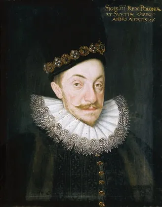 Retrato pintado de busto do rei, com chapéu preto adornado de joias, gola rendada, roupas escuras, botões dourados e inscrição no alto.