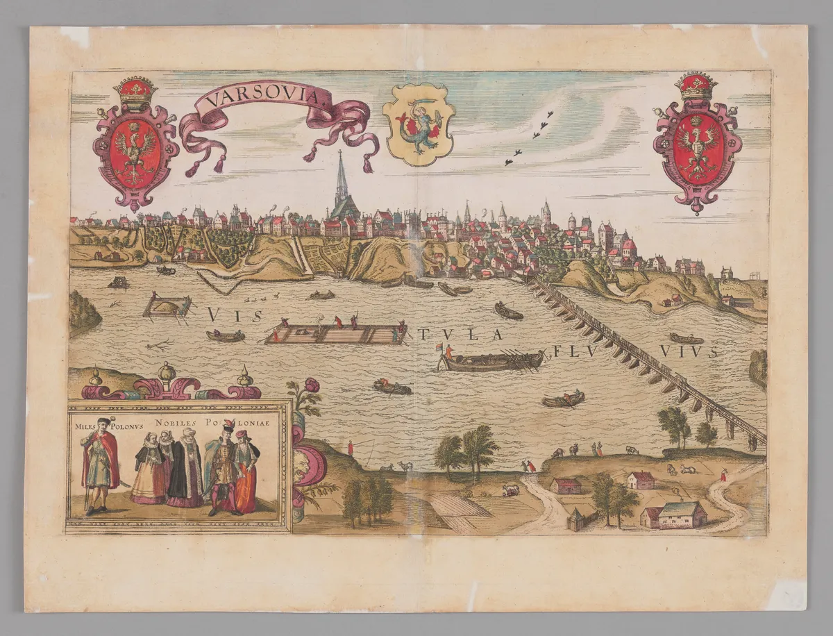 Vista gravada e colorida da cidade junto ao Vístula, com ponte, barcos, torres, brasão, título Varsovia e figuras nas margens.