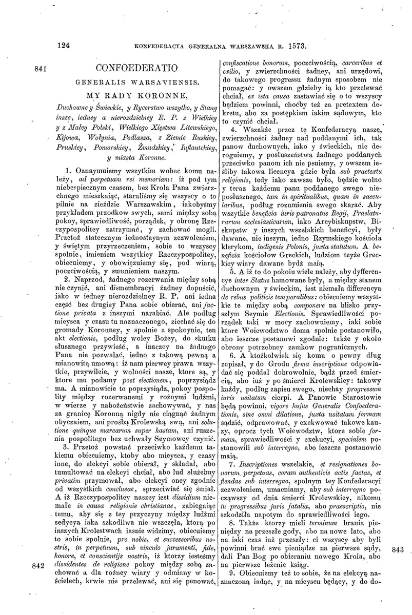 Página inteira com cabeçalho da Confederação Geral de Varsóvia de 1573, duas colunas de texto, parágrafos numerados e número 124.