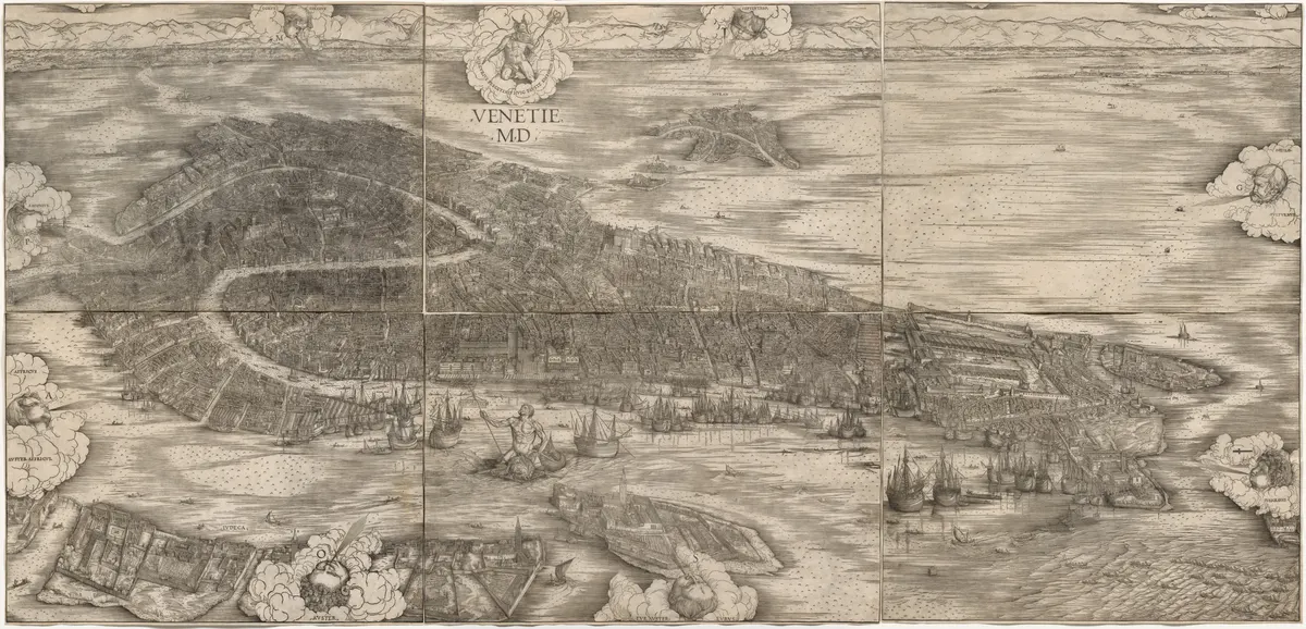 Vista gravada de Veneza em seis folhas, com ilhas, canais, barcos e figuras mitológicas sobre a cidade.