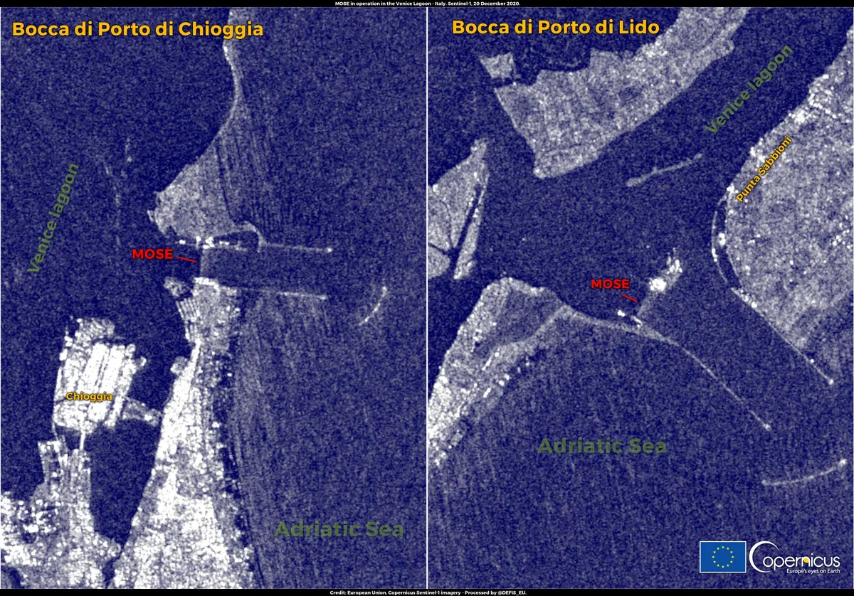 Duas imagens de radar em azul das entradas de Chioggia e Lido, com setas vermelhas apontando as barreiras do MOSE.