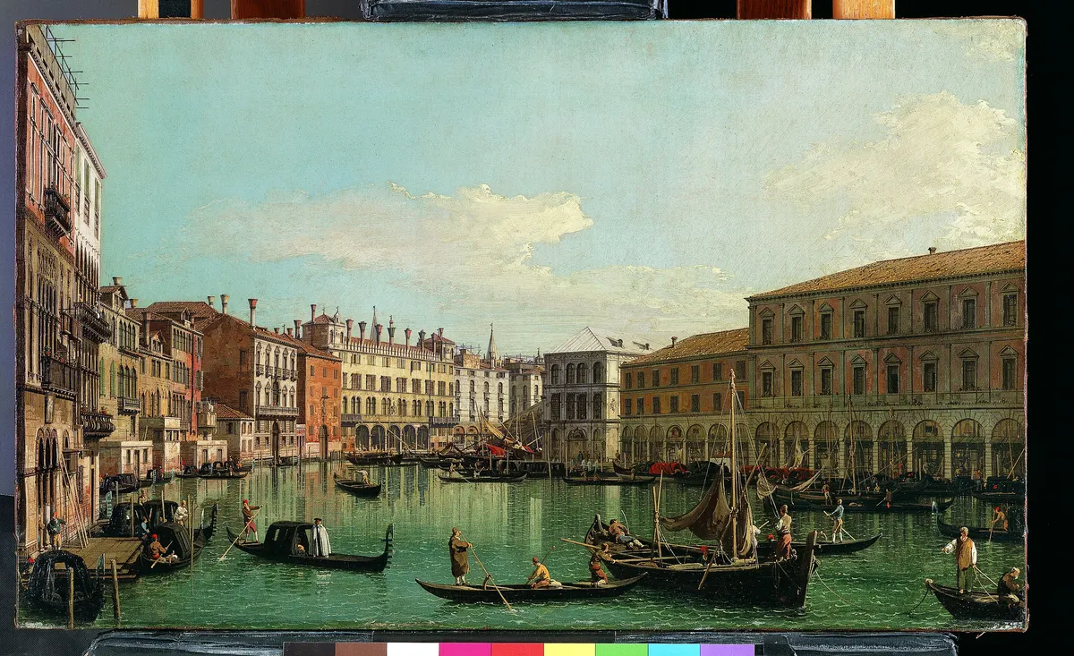 Pintura do Grande Canal e da ponte de Rialto, com barcos e fachadas; a reprodução inclui uma escala de cores abaixo.