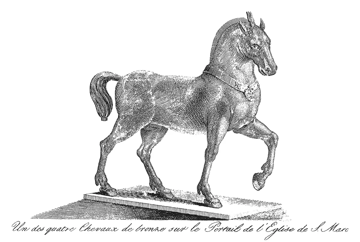 Gravura de um cavalo de São Marcos sobre uma base, com sombra e inscrição francesa abaixo.