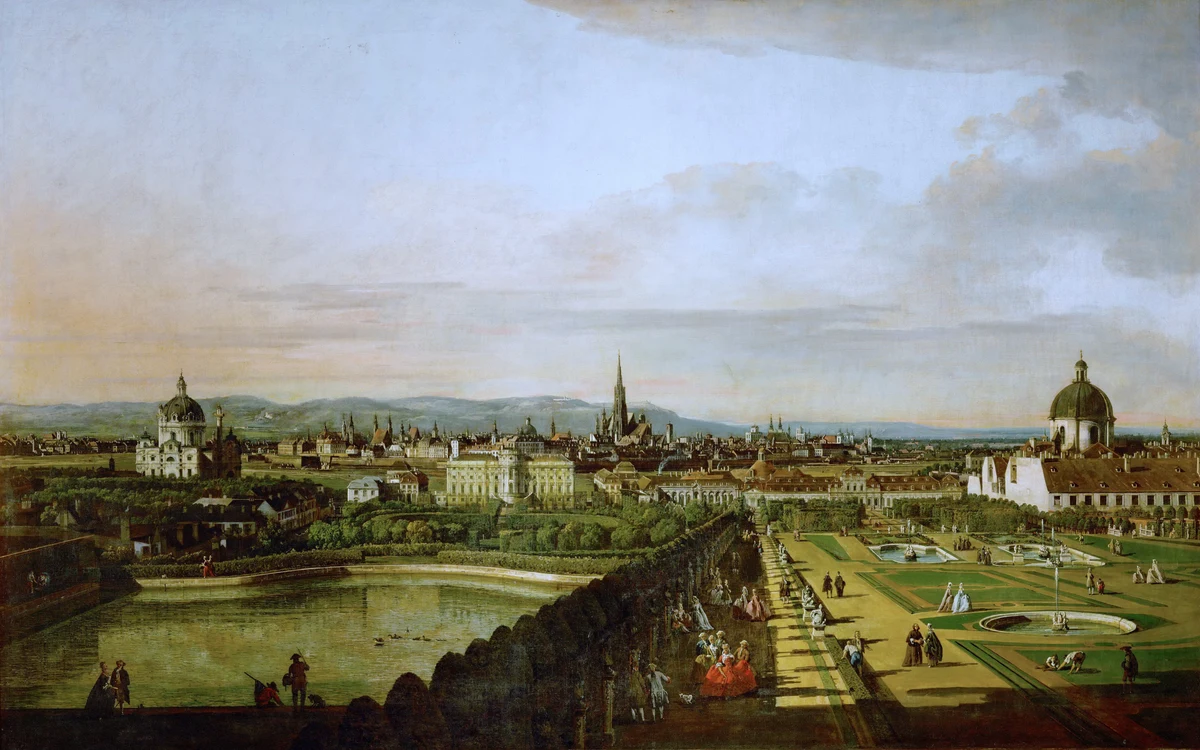 Painting of Vienna viewed from the Belvedere gardens, with terraces, fountains, groups of figures and churches on the skyline.