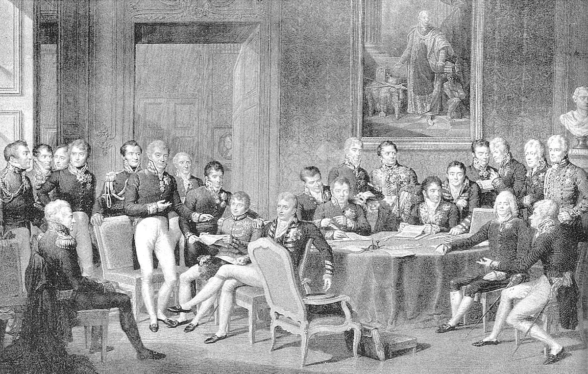 Engraving of the delegates to the Congress of Vienna, seated and standing around a table with documents.