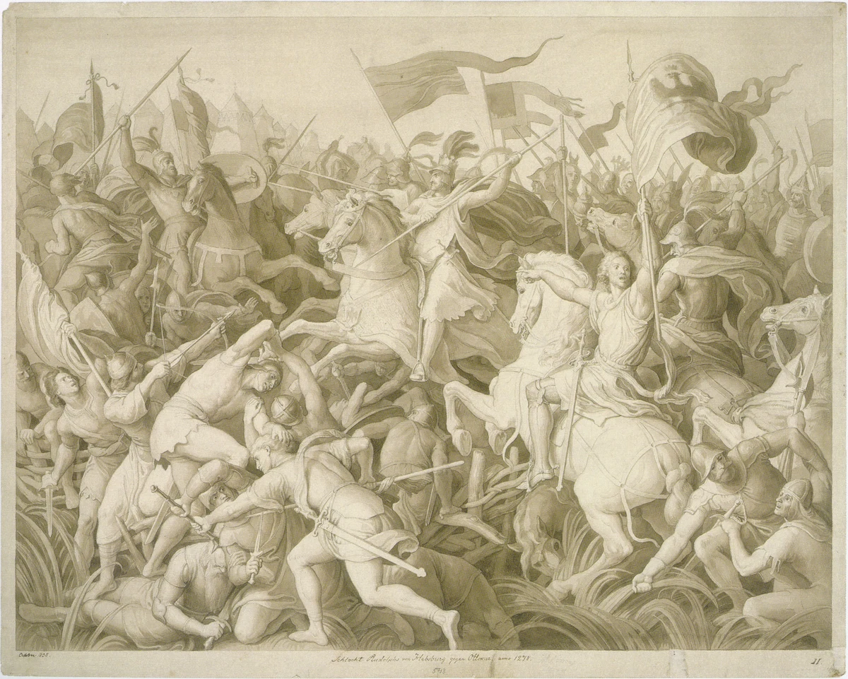 Desenho em sépia de cavaleiros, cavalos, lanças e estandartes em combate, com título e data inscritos na margem.