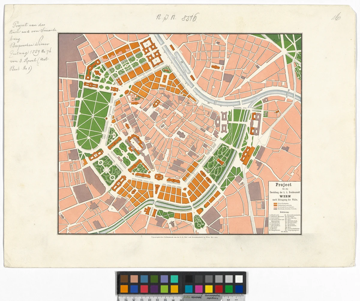Coloured plan of a project for Vienna’s expansion after the removal of its walls, with new buildings, streets and gardens.
