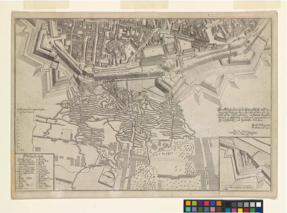 Planta gravada das fortificações de Viena e das trincheiras do cerco, com legendas e detalhe de um bastião.