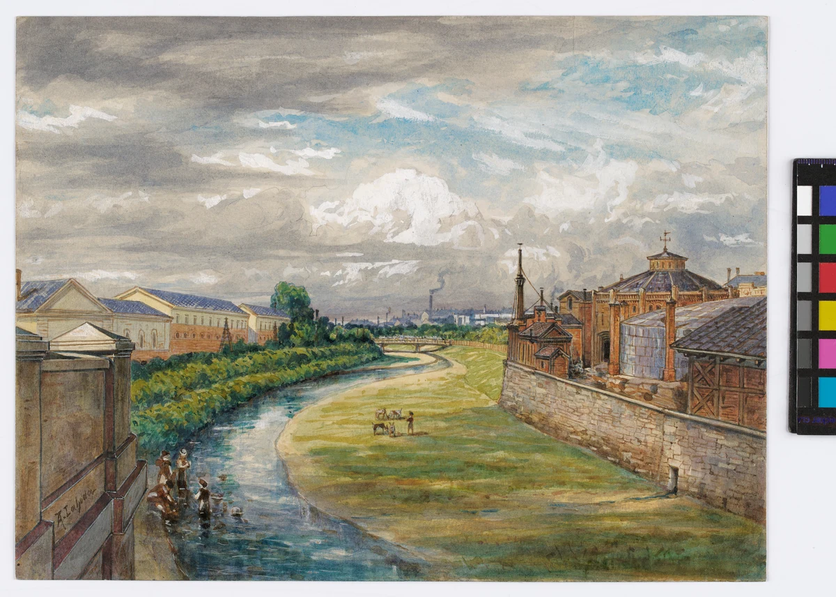 Aquarela do rio Wien, entre o matadouro de Gumpendorf e a fábrica de gás de Gaudenzdorf, com ponte, edifícios e figuras desenhadas.