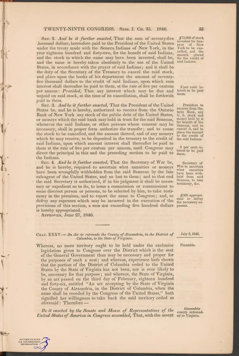 Página 35 dos Statutes at Large, com texto de lei, notas laterais e, na parte inferior, título e início da lei sobre a devolução de Alexandria à Virgínia.