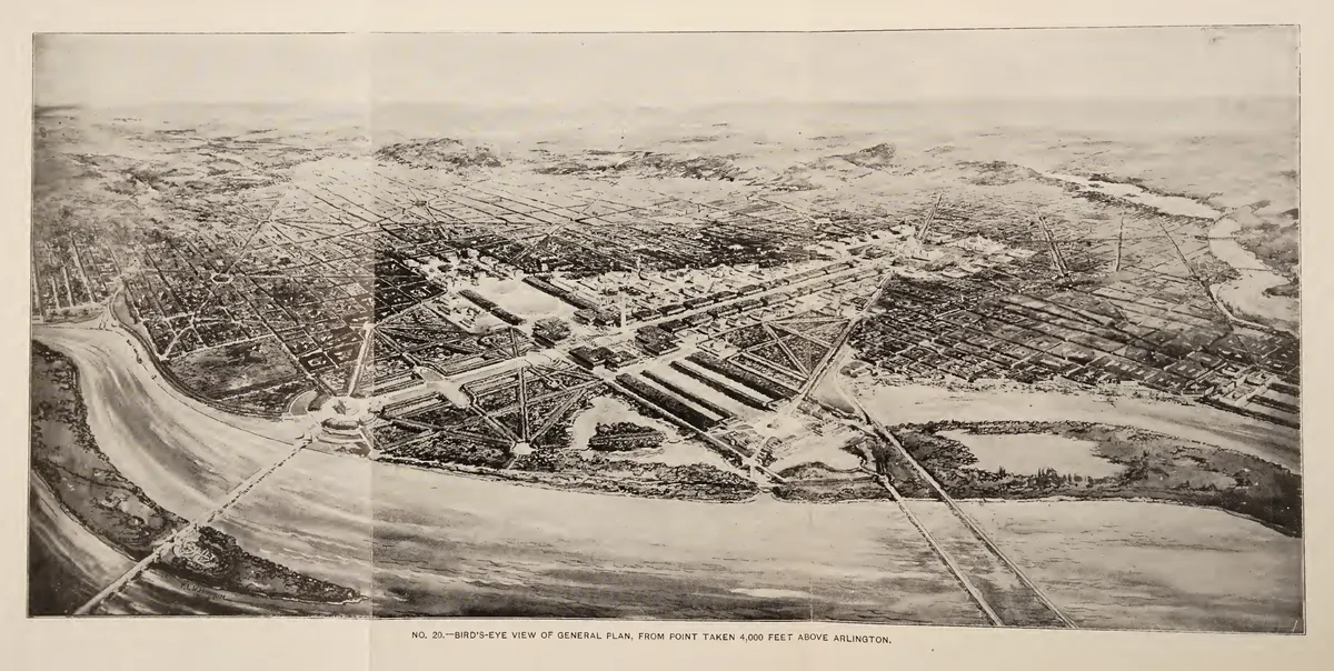 Prancha panorâmica com rio, pontes, eixos, jardins e edifícios propostos, assinatura à esquerda e legenda impressa sob o desenho, com a folha inteira.